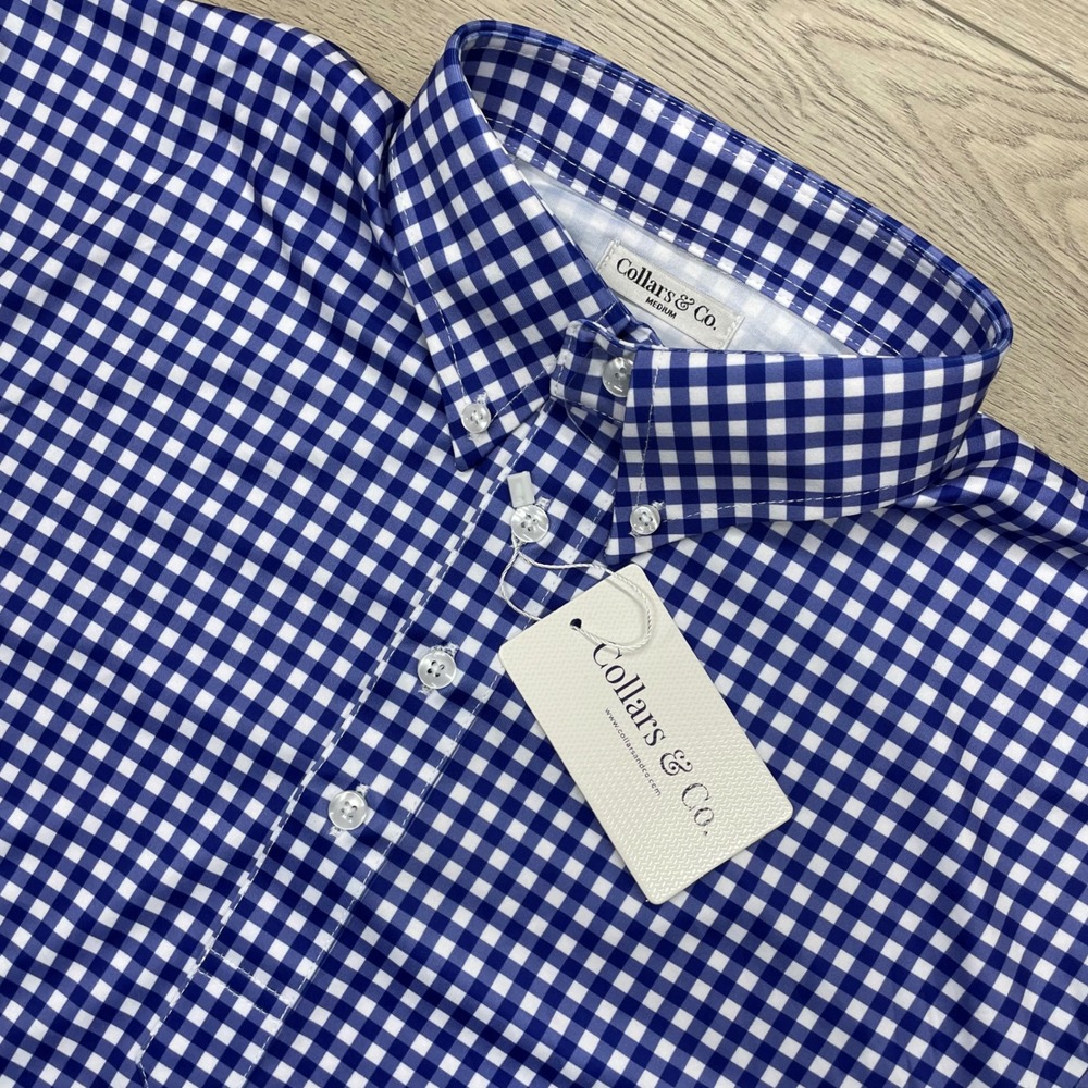 Collars & Co. Dress Collar Polo Mens Medium Blue Gingham Check Short Sleeve